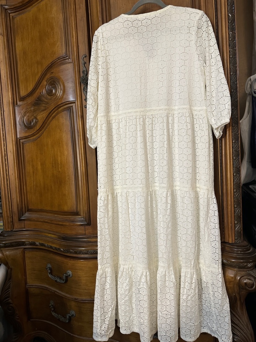 Prairie Eyelet Lace Tiered Boho White Fully Lined Cottage Core Maxi Dress Large - Picture 10 of 14